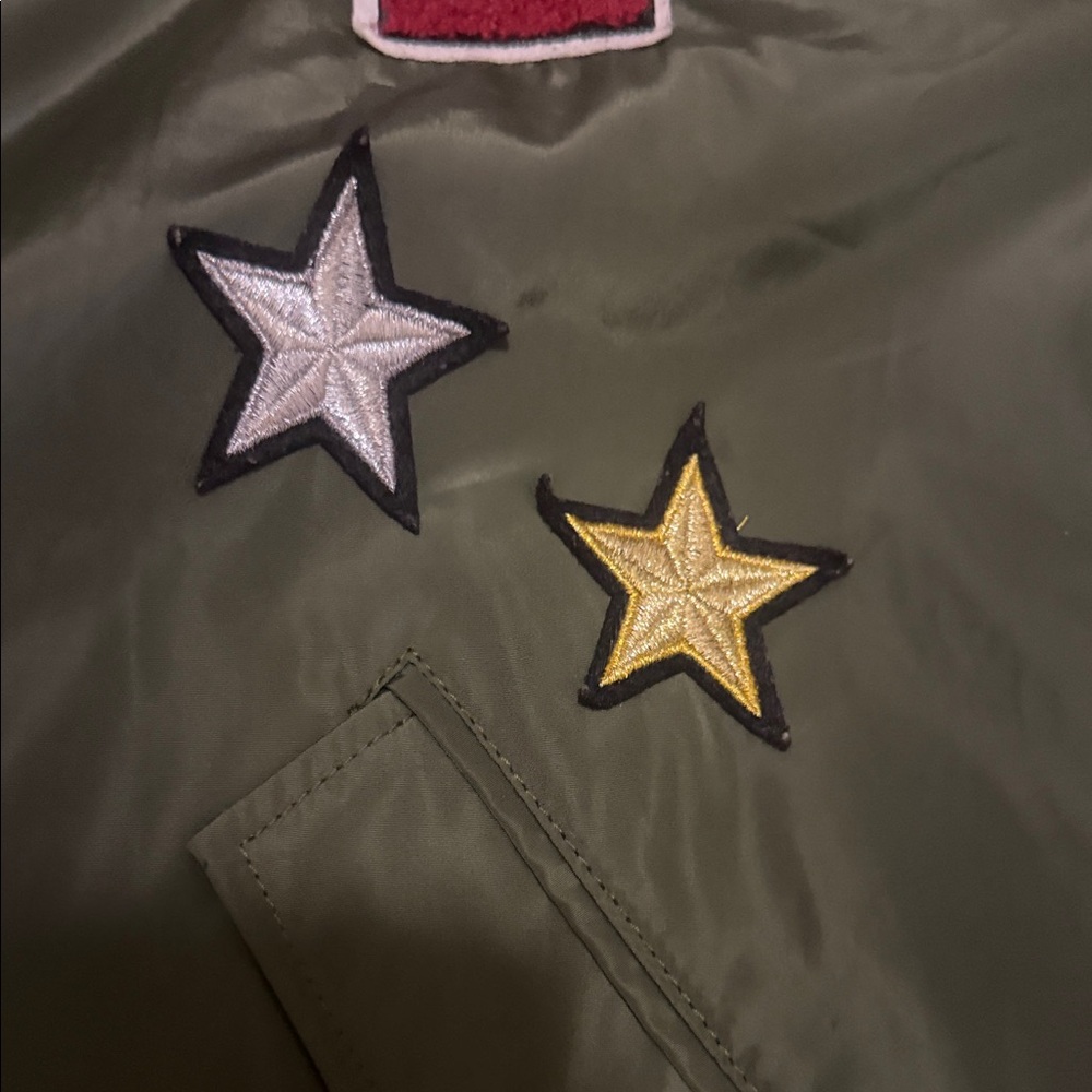 Express Olive Green Bomber Jacket with Patches - Picture 5 of 7